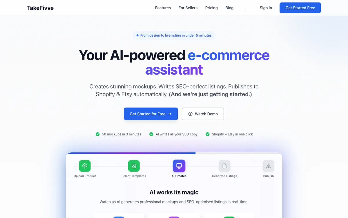 606 homepage showing TakeFivve. Tool for generating product mockups from custom templates and AI listings.