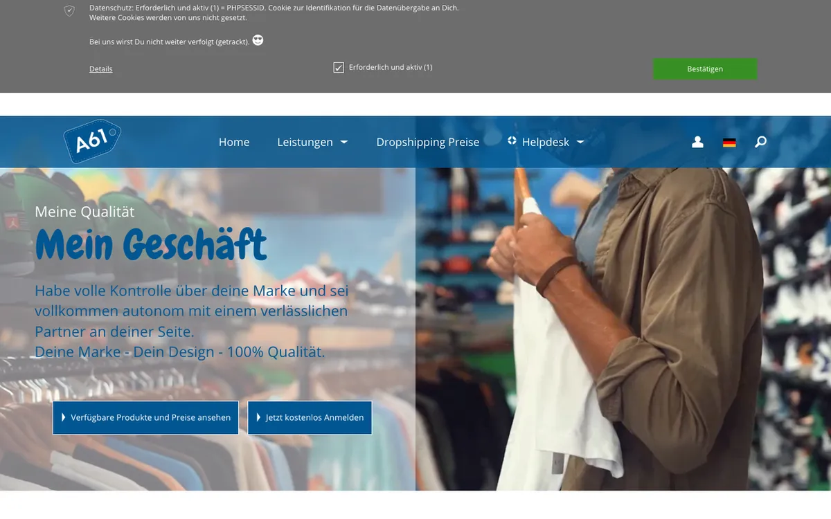 A61 homepage. Print-on-demand supplier offering custom apparel and accessories with automated order fulfilment.