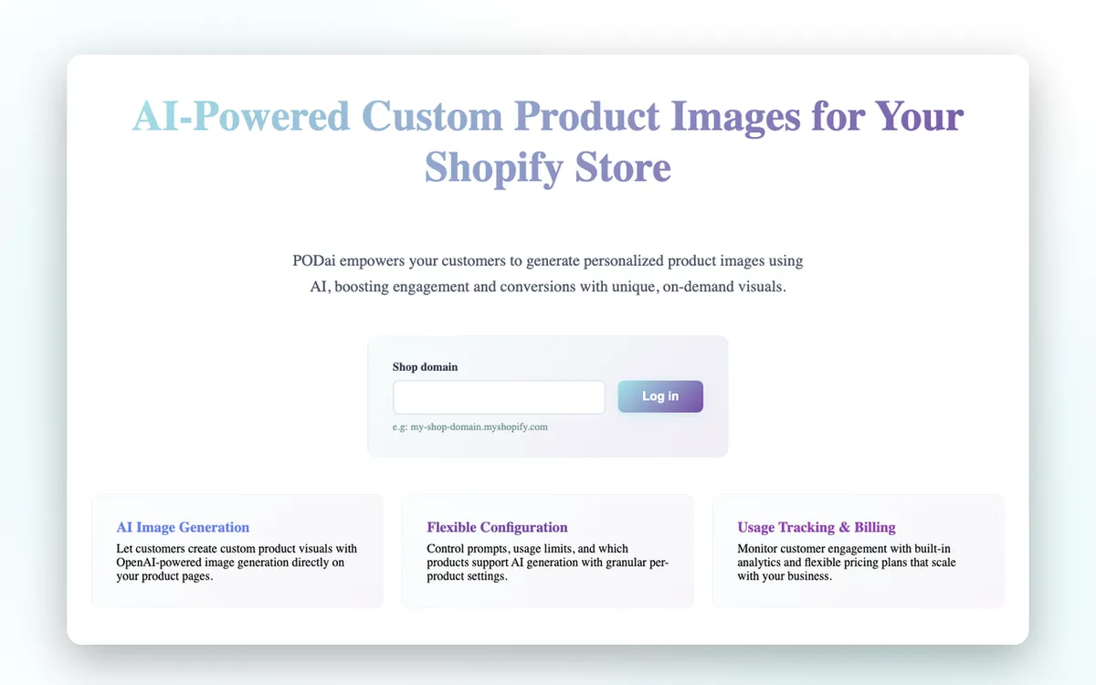 AI imageGen homepage. AI image-generation tool letting customers design custom print-on-demand products.