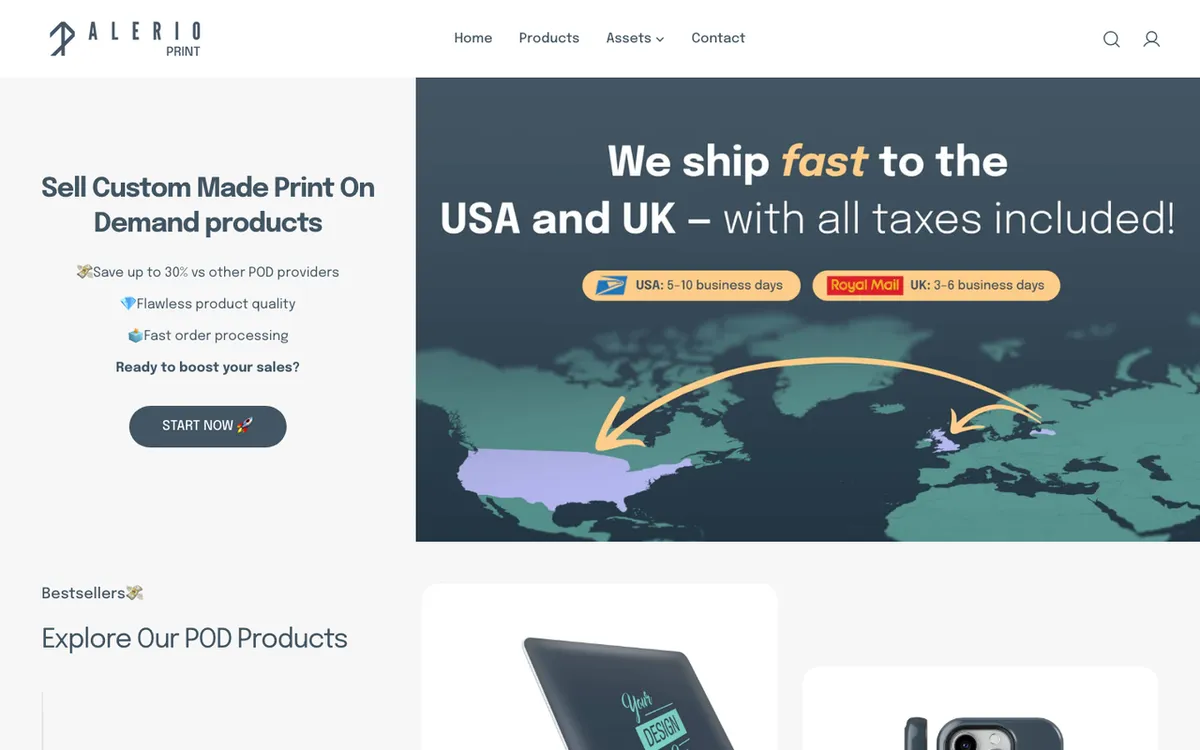 Alerio Print homepage. Print-on-demand service for custom phone cases, iPad covers, MacBook cases and tech gadgets.