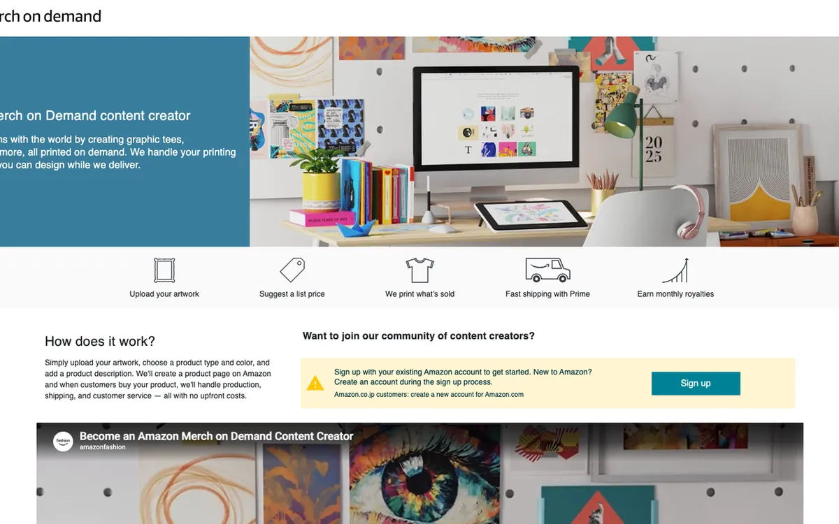 Amazon Merch On Demand homepage. Invite-only Amazon POD program listing designer apparel across global marketplaces.