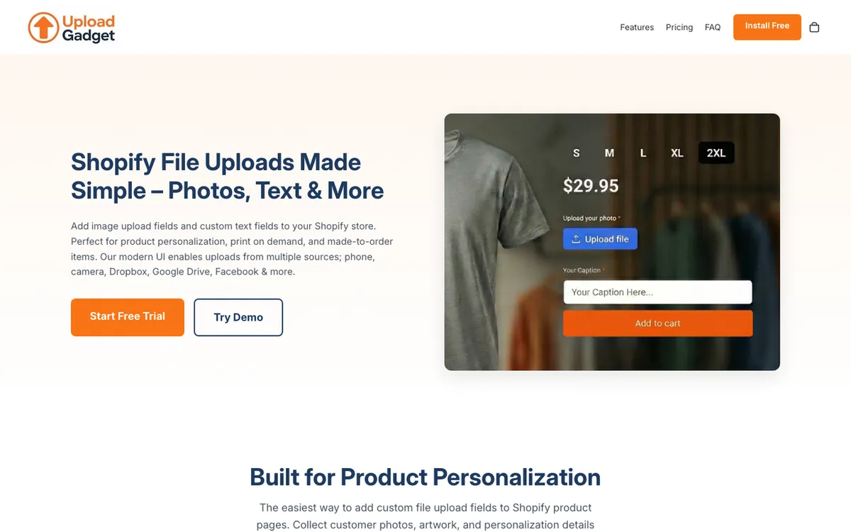 ampersandlane homepage. UploadGadget tool for capturing customer images and text on product pages.