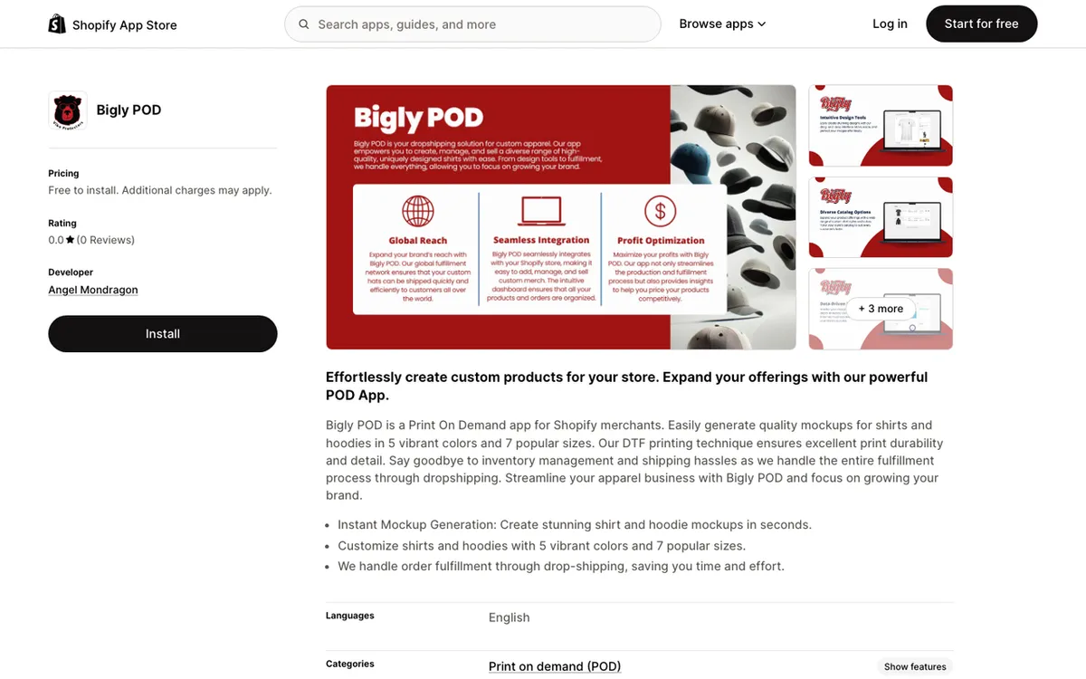 Angel Mondragon homepage. Bigly POD Shopify app for generating shirt and hoodie mockups across multiple colours.