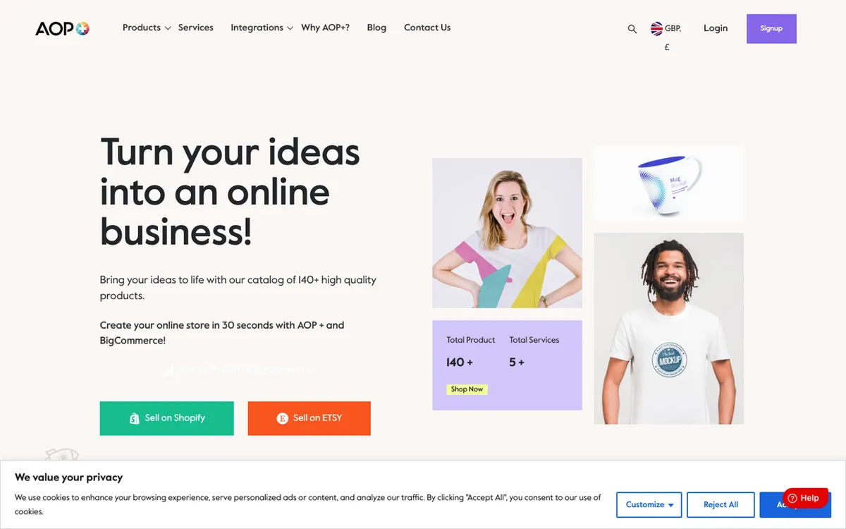 AOP+ homepage. UK all-over-print print-on-demand service with in-house production and premium branding.