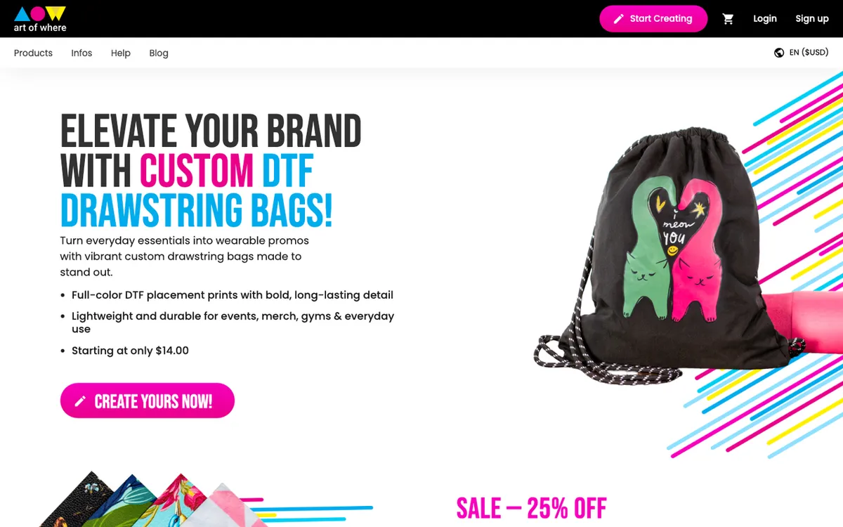 Art of Where homepage. Canadian print-on-demand service for custom apparel, homeware and accessories with premium branding.