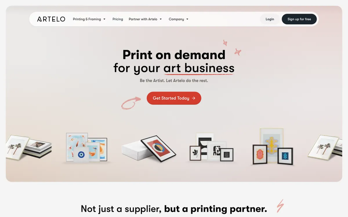 Artelo homepage. US fine art print-on-demand service offering museum-quality prints and handmade frames.