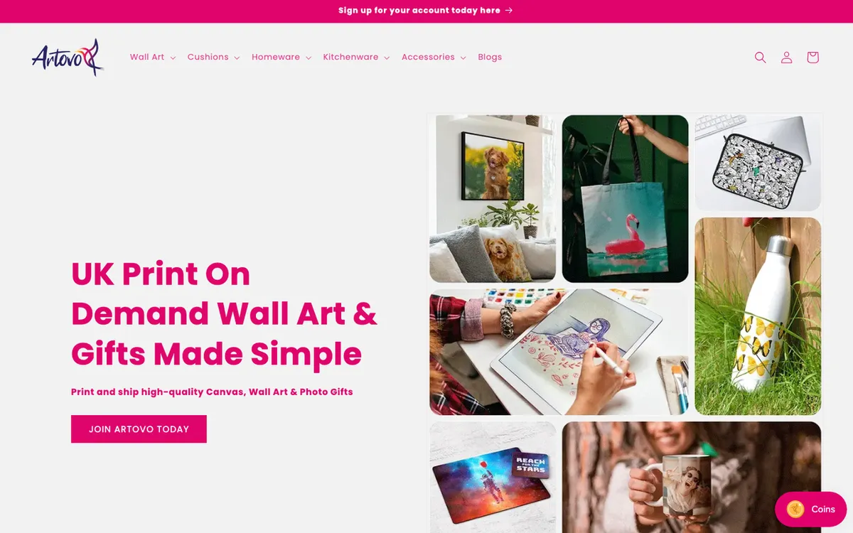 Artovo homepage. Print-on-demand maker of custom canvas prints, wall art and photo gifts.