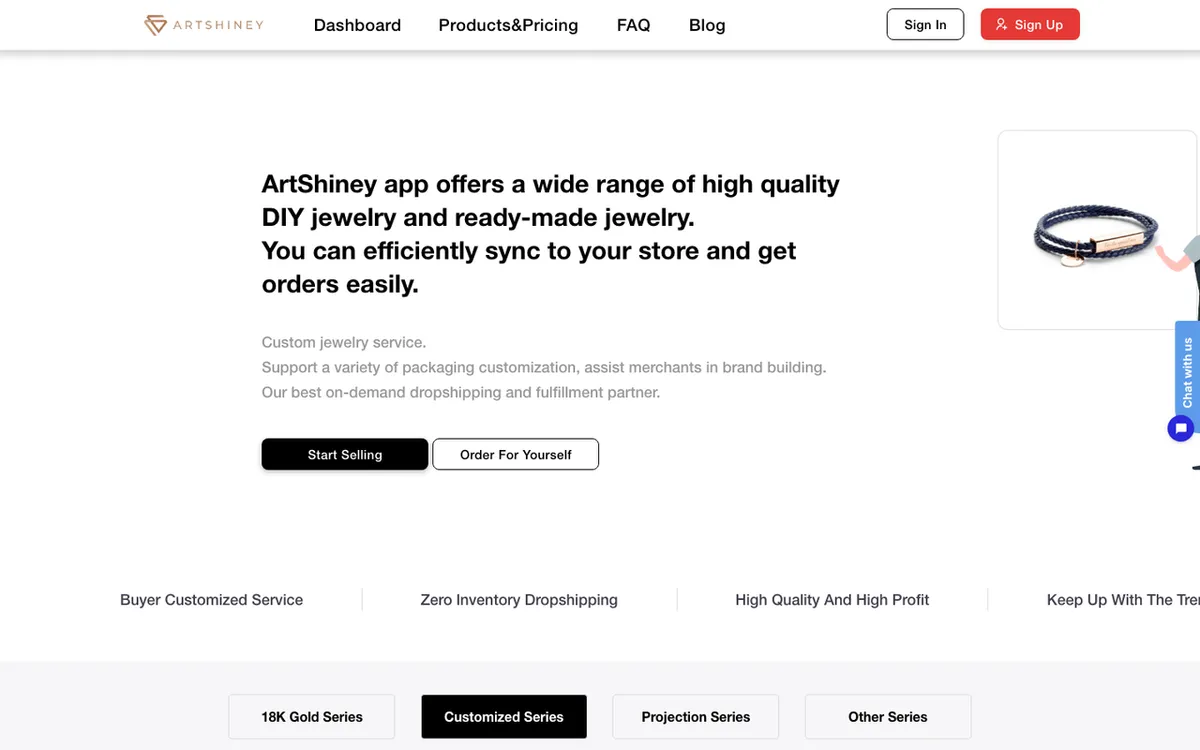 artshiney homepage. Print-on-demand jewellery manufacturer with store sync for building a personalised jewellery brand.