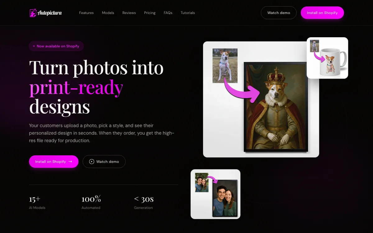 Autopictura homepage. AI generator tool turning customer photos into print-on-demand artwork designs.