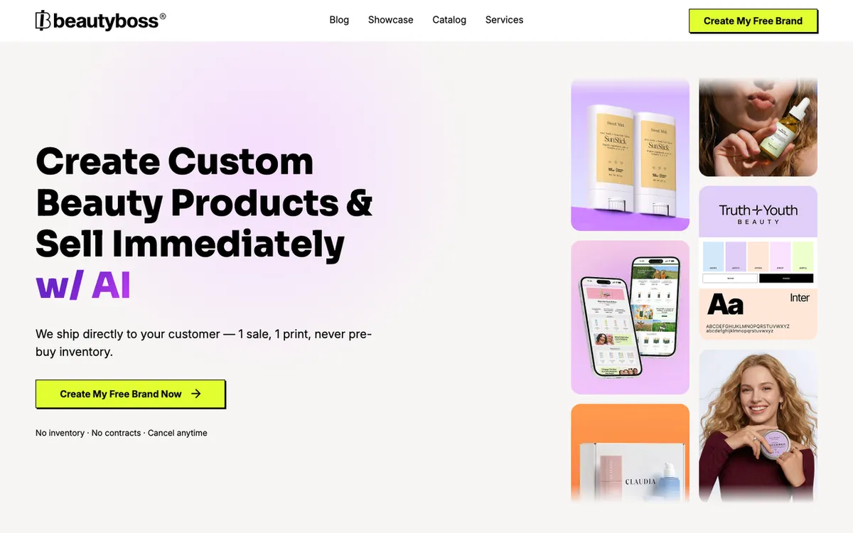 BeautyBoss homepage. Private-label luxury skincare dropshipping service with custom branding and no inventory.