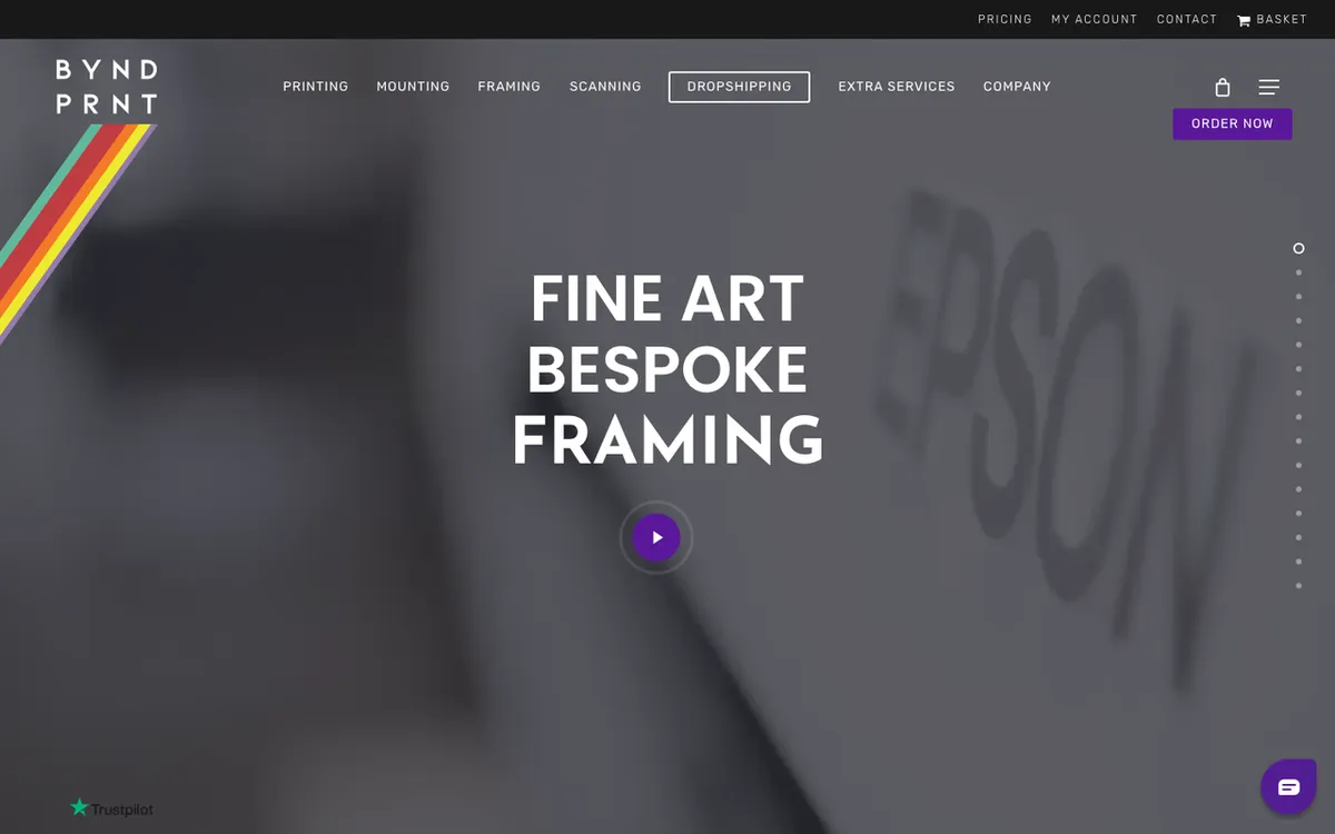 Beyond Print homepage. Shopify portal connector for product sync and drop-ship order routing.