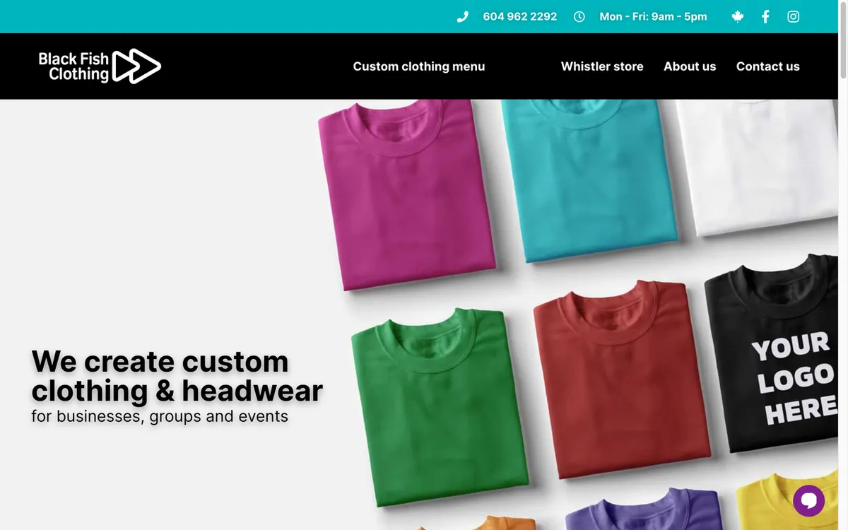 Blackfish Clothing homepage. Canadian custom clothing and headwear maker for businesses, groups and event promo wear.