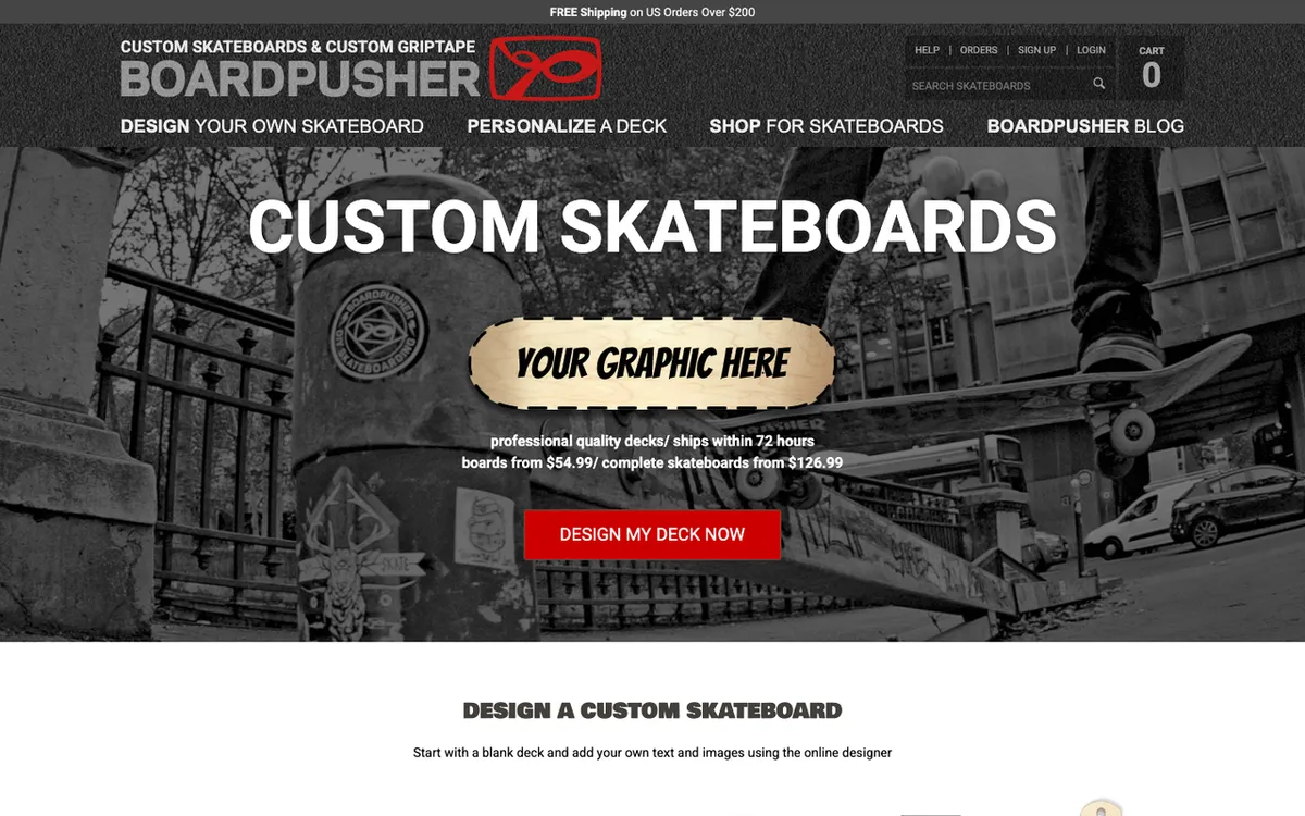 BoardPusher Skateboards homepage. White-label print-on-demand custom skateboard printing and dropshipping service.