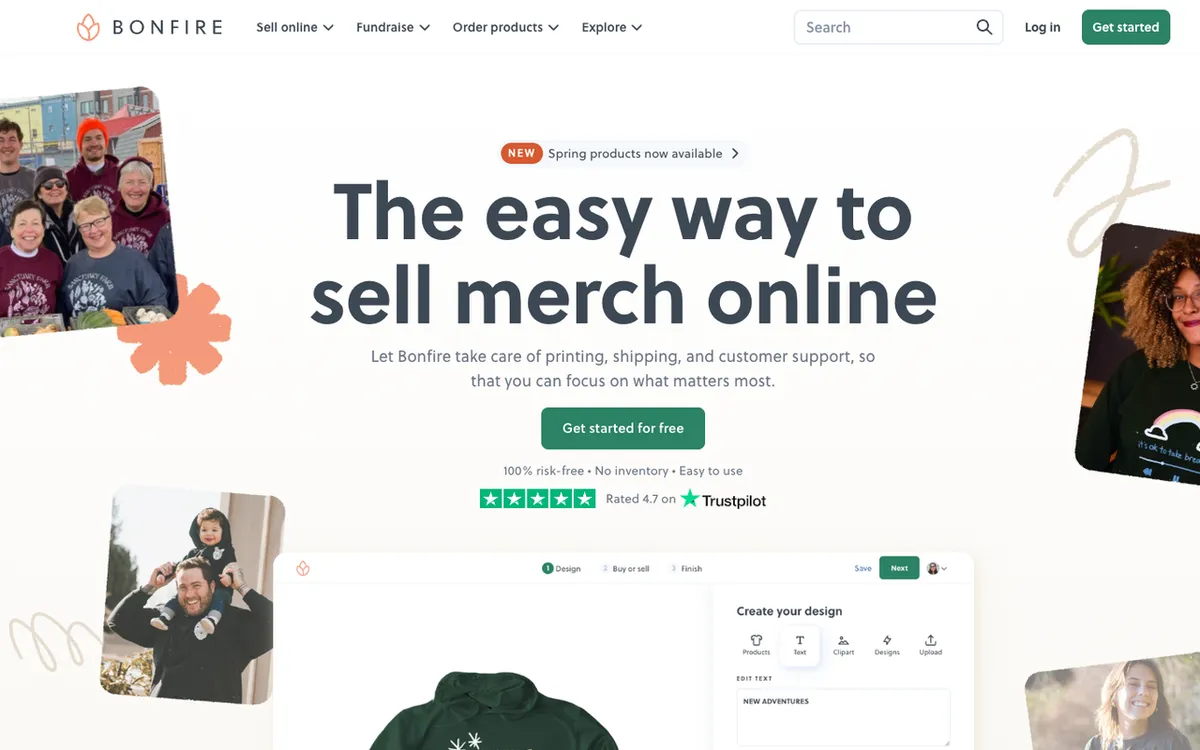 Bonfire homepage. US marketplace for creators and nonprofits selling custom apparel and fundraising merch.