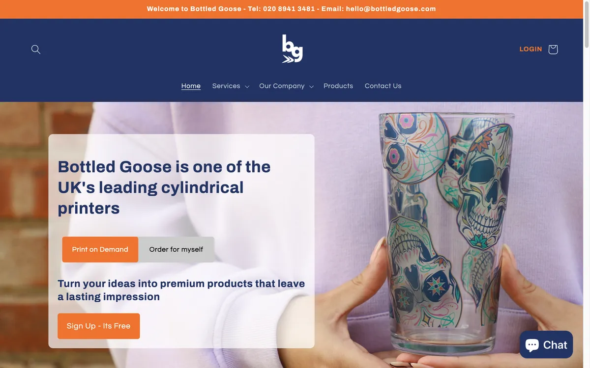 Bottled Goose homepage. UK print-on-demand specialist for custom candles.
