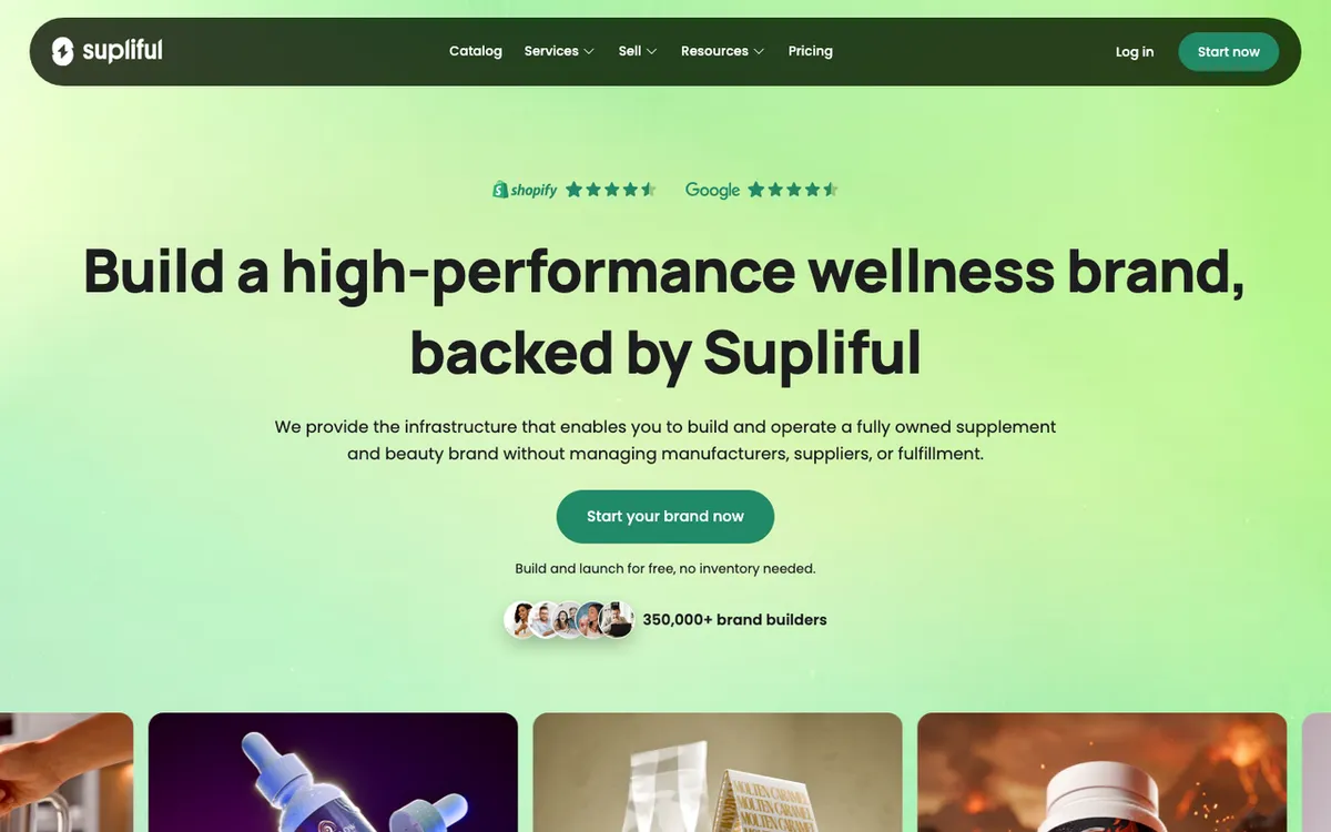 Brand On Demand homepage showing Supliful. Print-on-demand supplements, skincare and coffee from US suppliers.