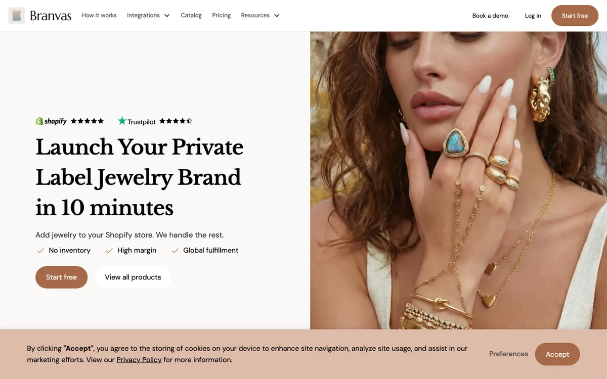 Branvas homepage. Print-on-demand jewellery supplier with 600+ dropshipped rings, necklaces and earrings.