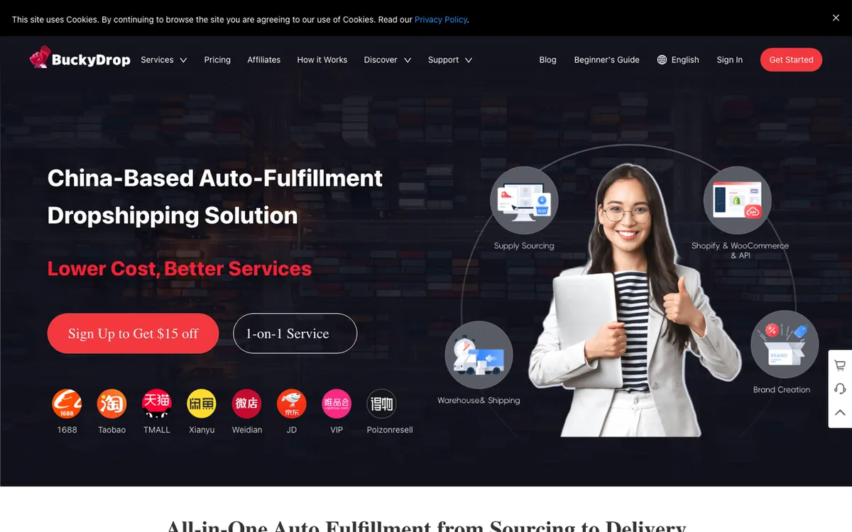 BuckyDrop homepage. Branded dropshipping tool with China suppliers, private-label and auto fulfilment.