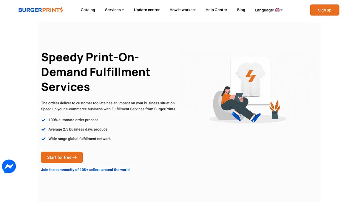 BurgerPrints homepage. Print-on-demand service automating order fulfilment with a wide product range for ecommerce sellers.
