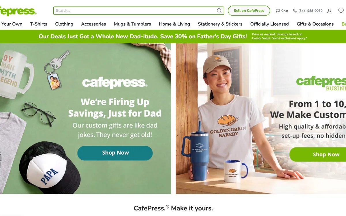 CafePress homepage. Original US POD marketplace since 1999 for storefronts selling custom apparel and gifts.