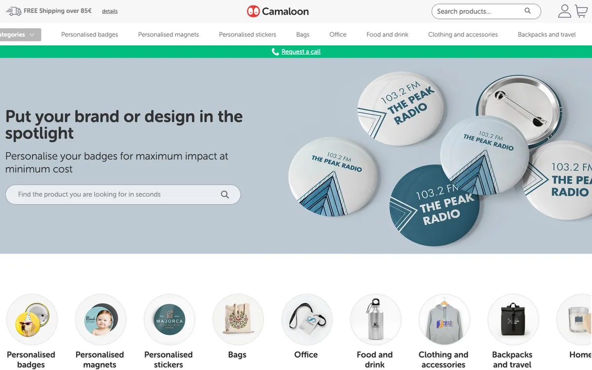 Camaloon homepage. EU print-on-demand maker of personalised badges, stickers, magnets and promo bags.