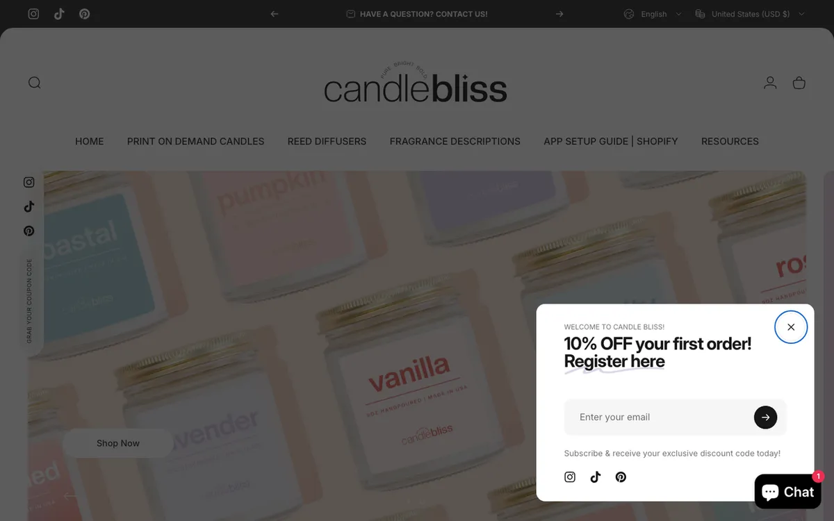 Candle Bliss homepage. Print-on-demand candle maker offering custom labels and a wide fragrance catalogue.