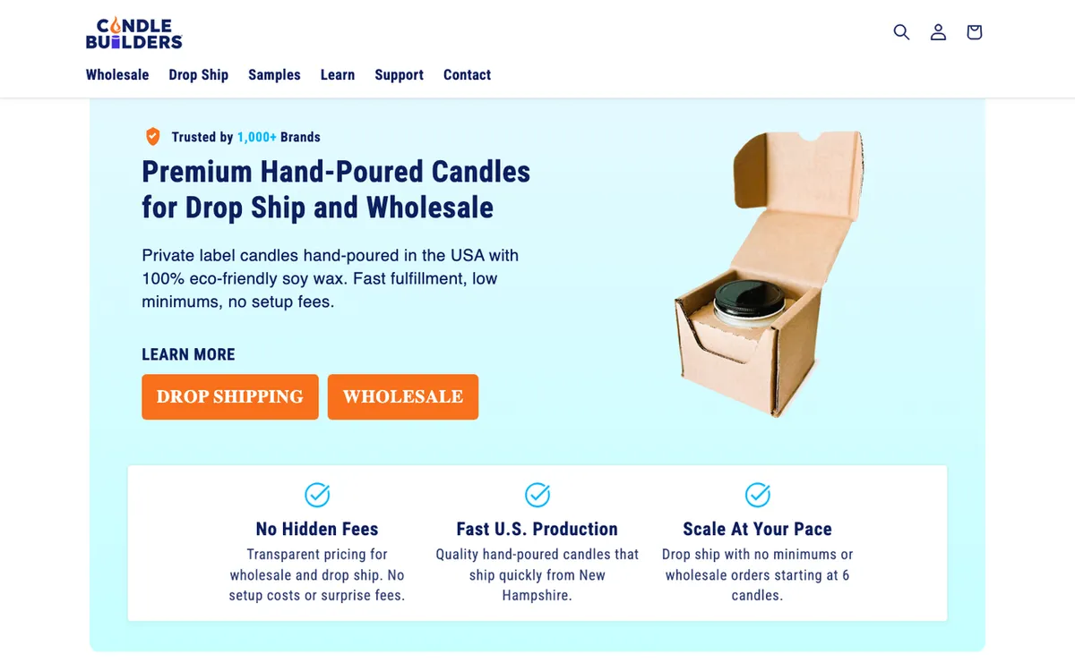 Candle Builders homepage. New Hampshire print-on-demand candle maker for hand-poured private-label soy candles.