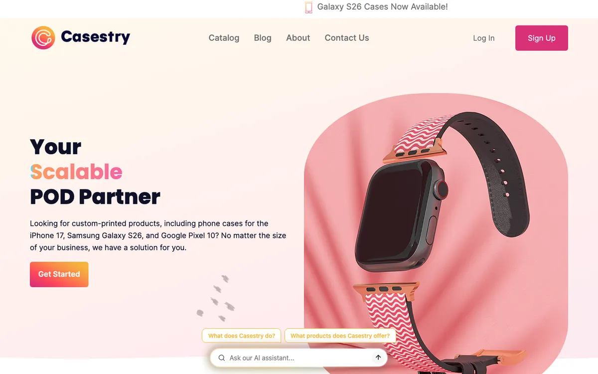 Casestry homepage. US print-on-demand service focused on custom phone cases with no minimum order.