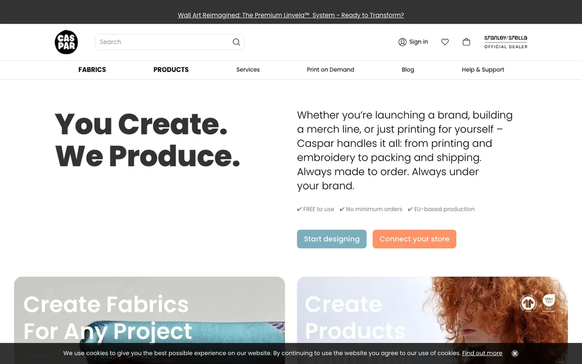 CasparCreate homepage. Croatia microfactory POD service for Stanley/Stella DTG apparel via Shopify.