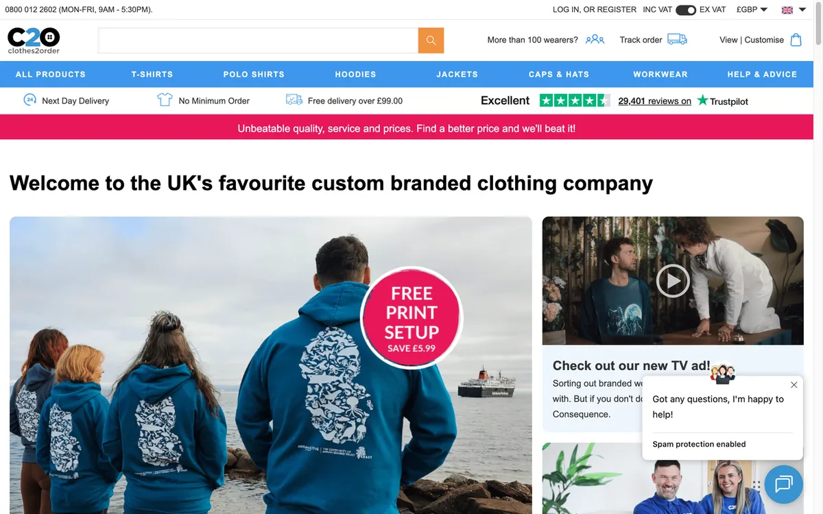 Clothes2Order homepage. UK print-on-demand service for branded clothing with no MOQ and free setup.