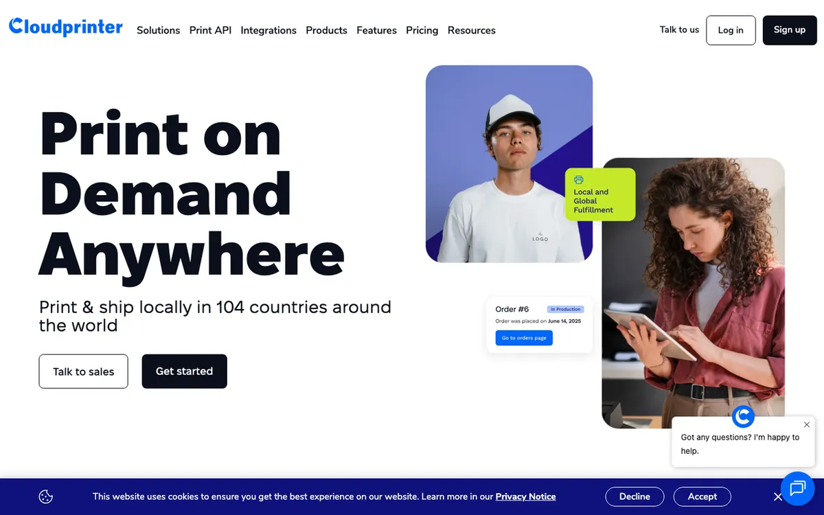 Cloudprinter homepage. Global print-and-ship network connecting Shopify stores to local print partners in 104 countries.