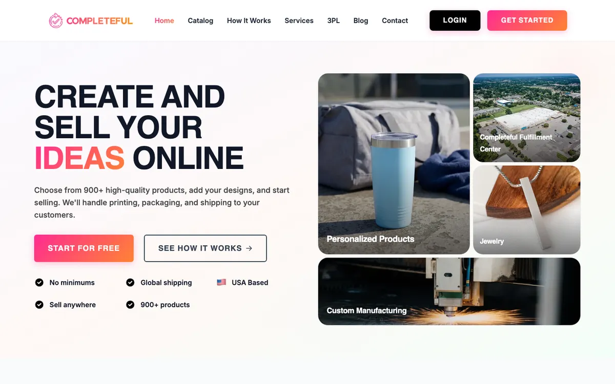 Completeful homepage. US print-on-demand supplier with 900+ products handling printing, packaging and shipping.