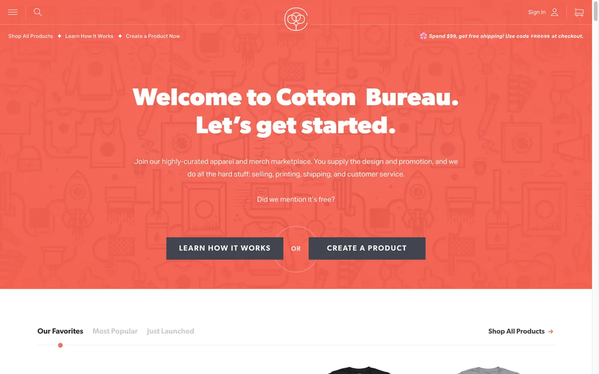 Cotton Bureau homepage. US premium apparel print-on-demand marketplace with curated Bella+Canvas blanks and artist-first curation.