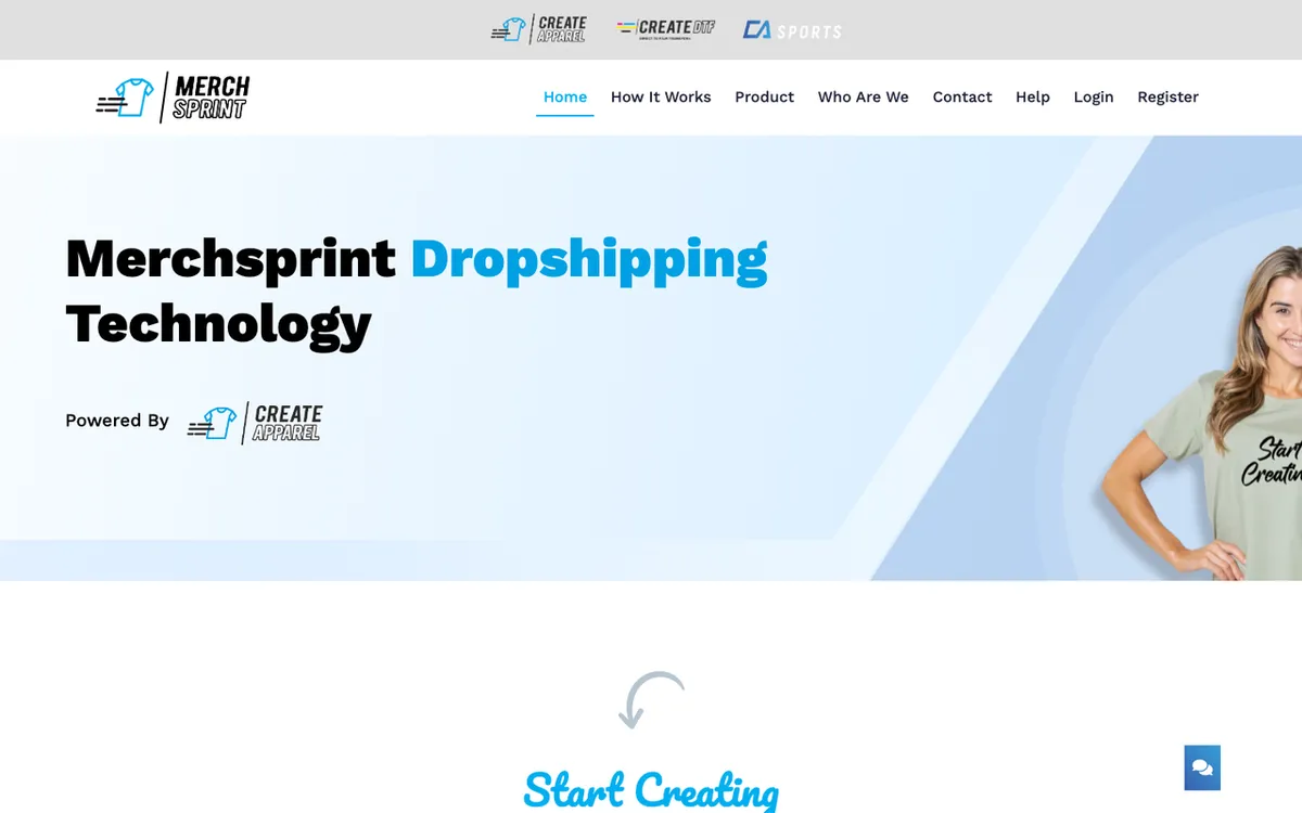Create Apparel homepage. Australian MerchSprint drop-ship partner for print-on-demand apparel and merchandise.