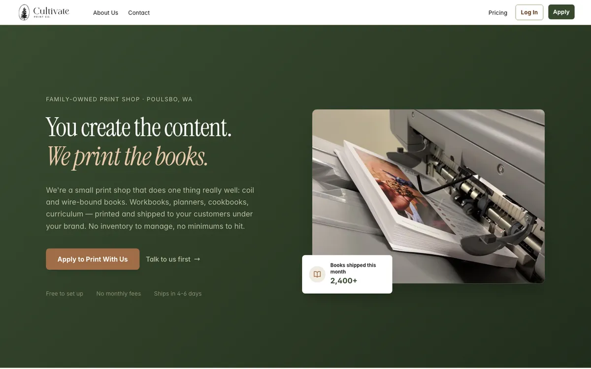 Cultivate Print homepage. Print-on-demand book service letting Shopify stores offer printed copies without inventory.