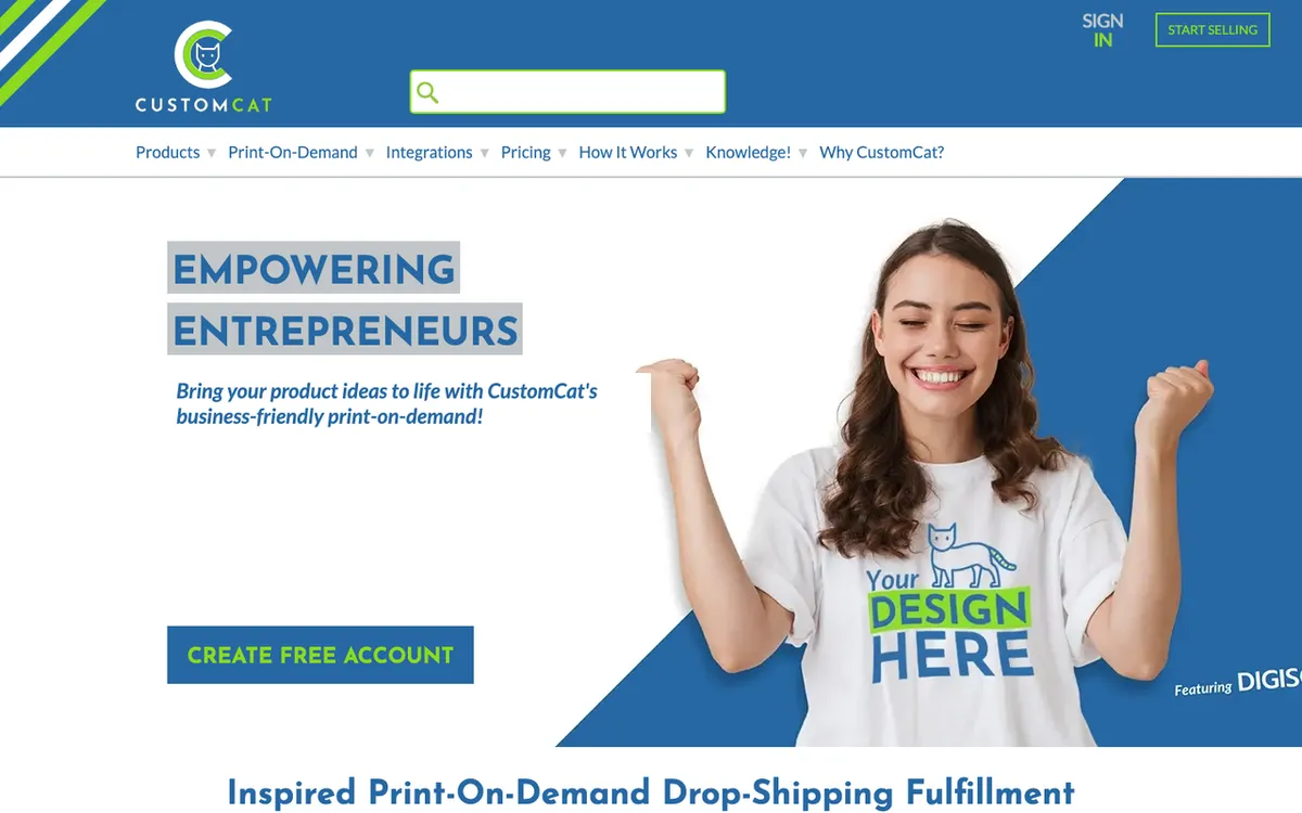 Custom Cat homepage. US print-on-demand and dropshipping platform with 300+ customisable products and scalable plans.