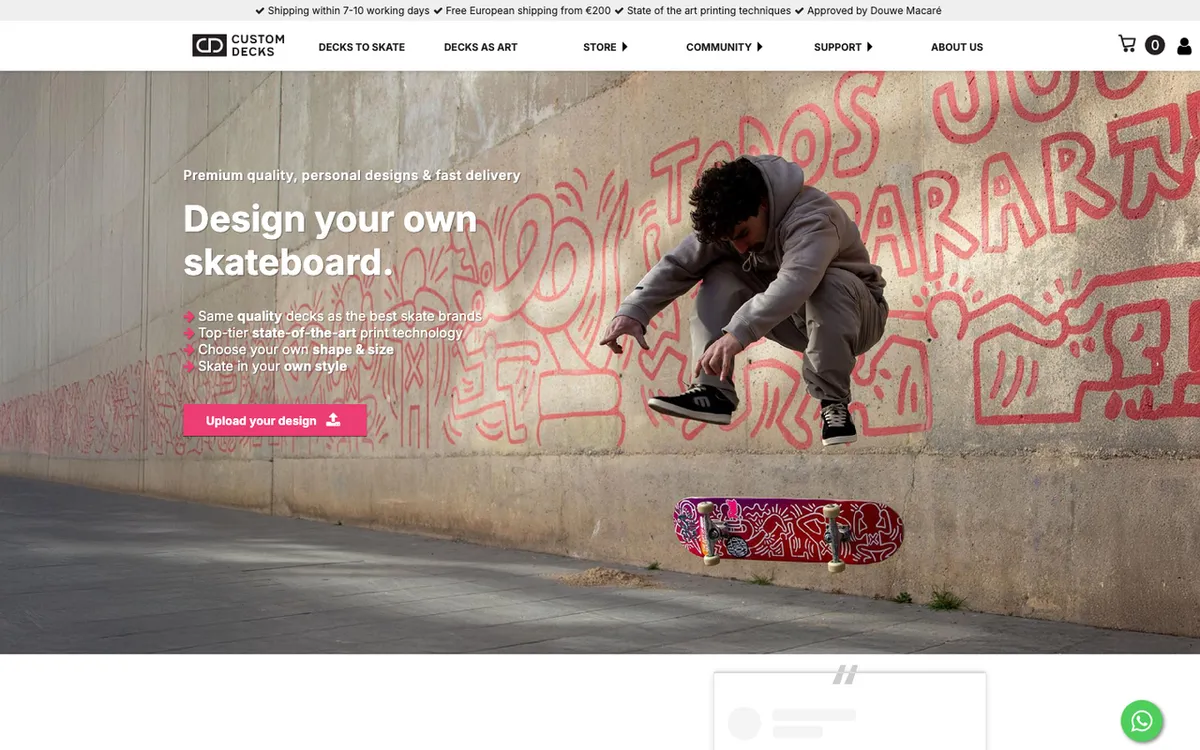 Custom Decks UK homepage. UK custom skateboard print-on-demand service with a design-your-own builder.