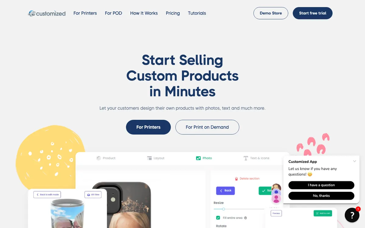 Custom Product App homepage. Visual product customiser letting customers upload photos and add text on personalised products.
