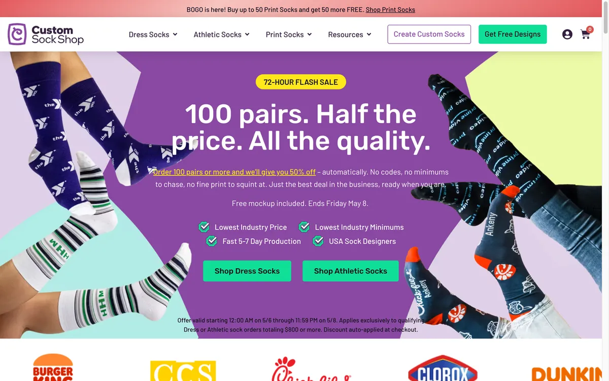 Custom Sock Shop homepage. US print-on-demand specialist for athletic, dress and photo socks with a design-your-own tool.