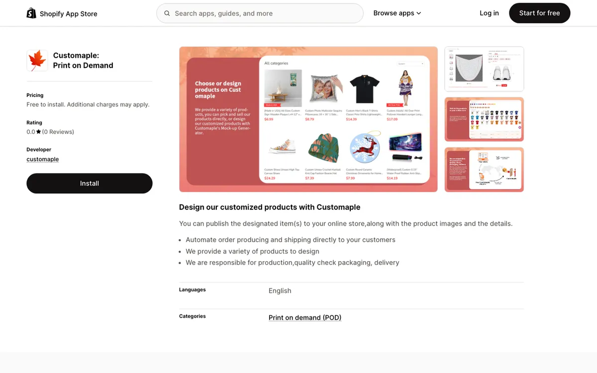 customaple homepage. Print-on-demand supplier offering customised products for direct online-store listing.
