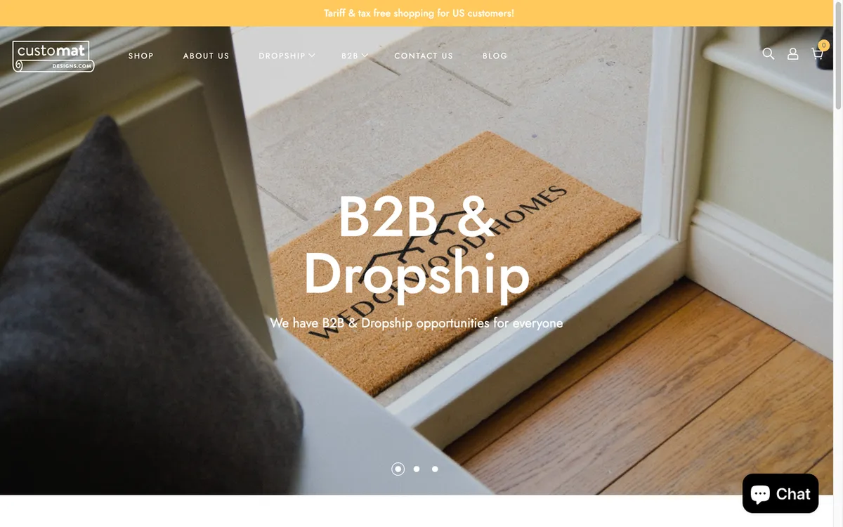 Customat Designs homepage. UK family-run doormat dropship service for Etsy and Shopify sellers with blind-ship coir mats.