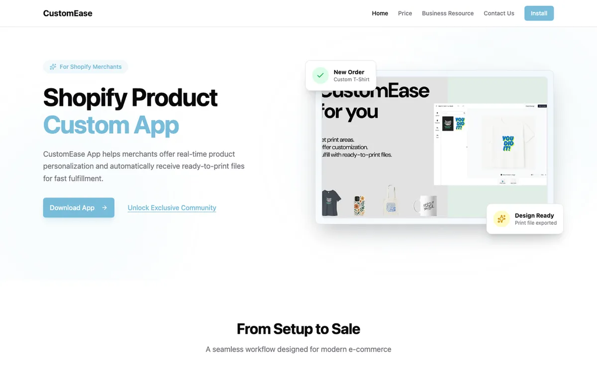 CustomEase homepage. Real-time product personalisation tool streamlining custom orders and file preparation.