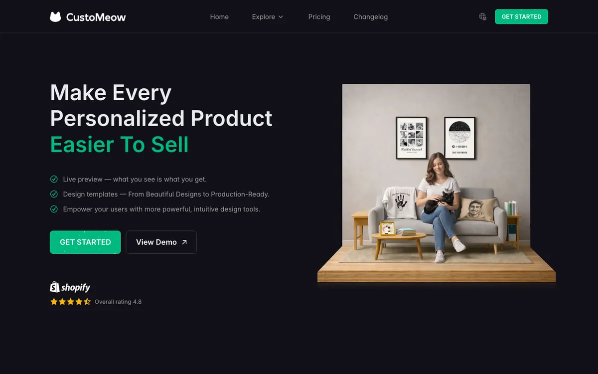 CustoMeow homepage. Online product customisation tool with a POD designer for personalised store products.