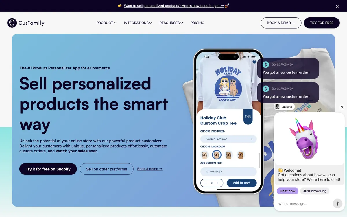 Customily homepage. Personalisation engine integrating with POD suppliers for live-preview customisation.