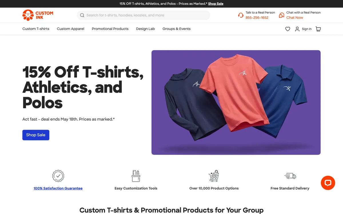 CustomInk homepage. US custom t-shirt and group merchandise service with 10,000+ product options.