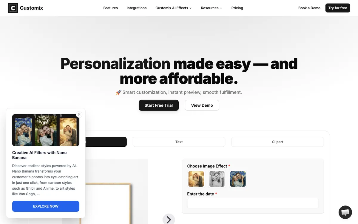 Customix homepage. Product personalisation tool connecting Shopify stores to top print providers with live preview.
