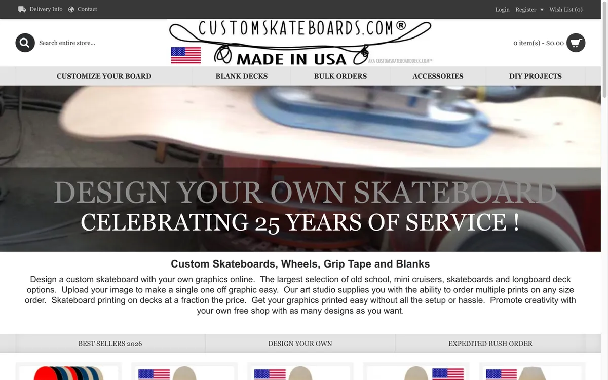 CustomSkateboards homepage. US print-on-demand specialist for designing custom skateboard decks online.