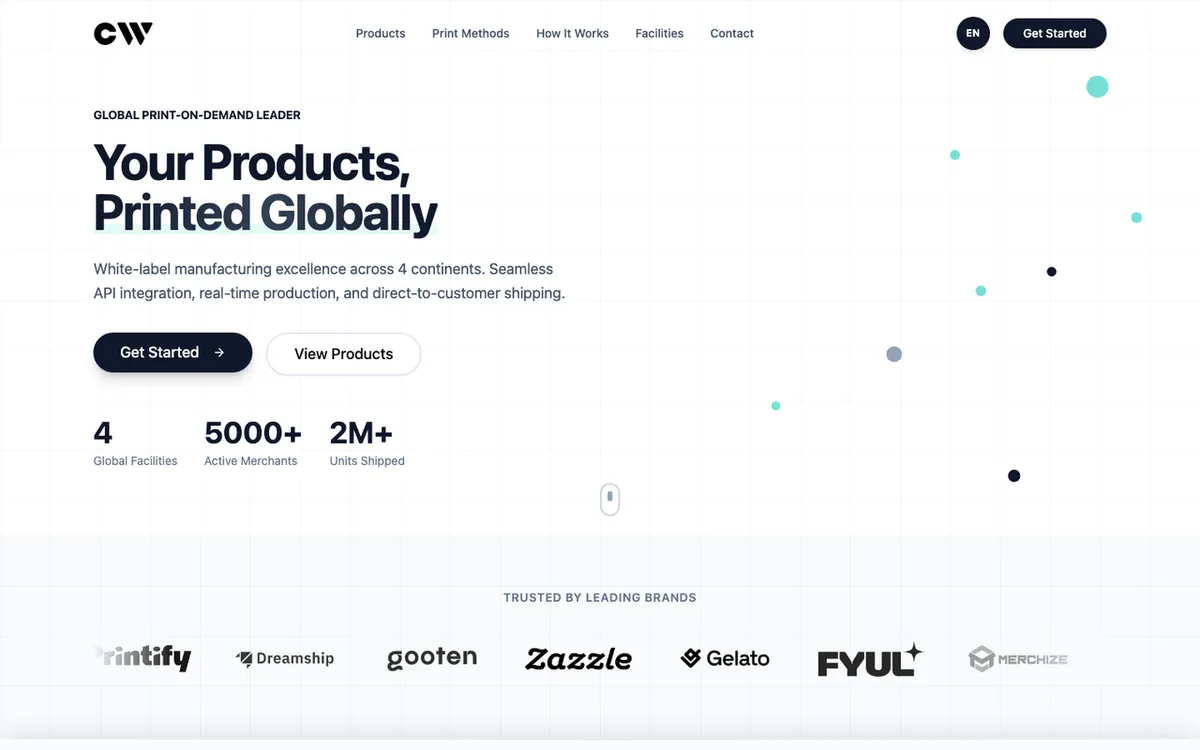 CW On Demand homepage. Global print-on-demand supplier with white-label manufacturing across four continents.
