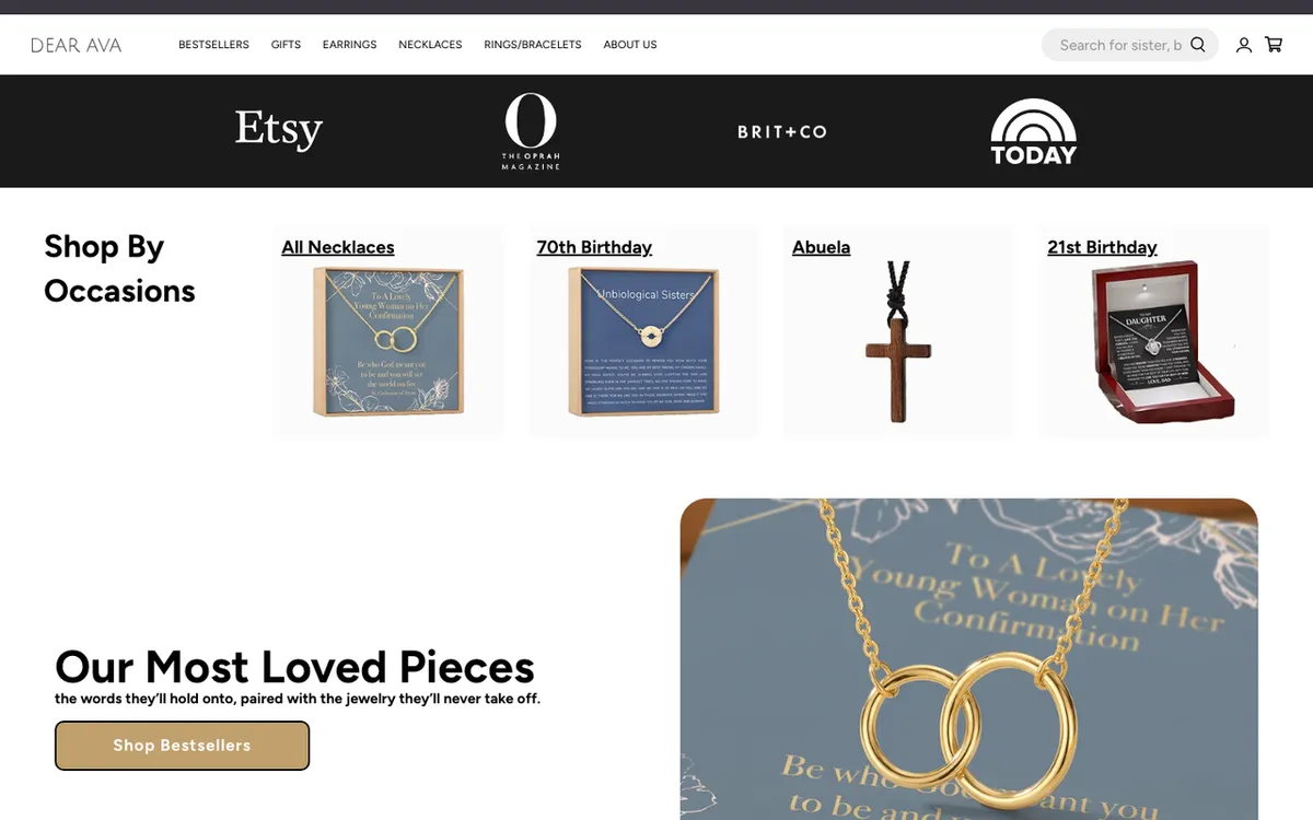 Dear Ava homepage. US personalised jewellery and sentimental gifts service for wedding and milestone niches.