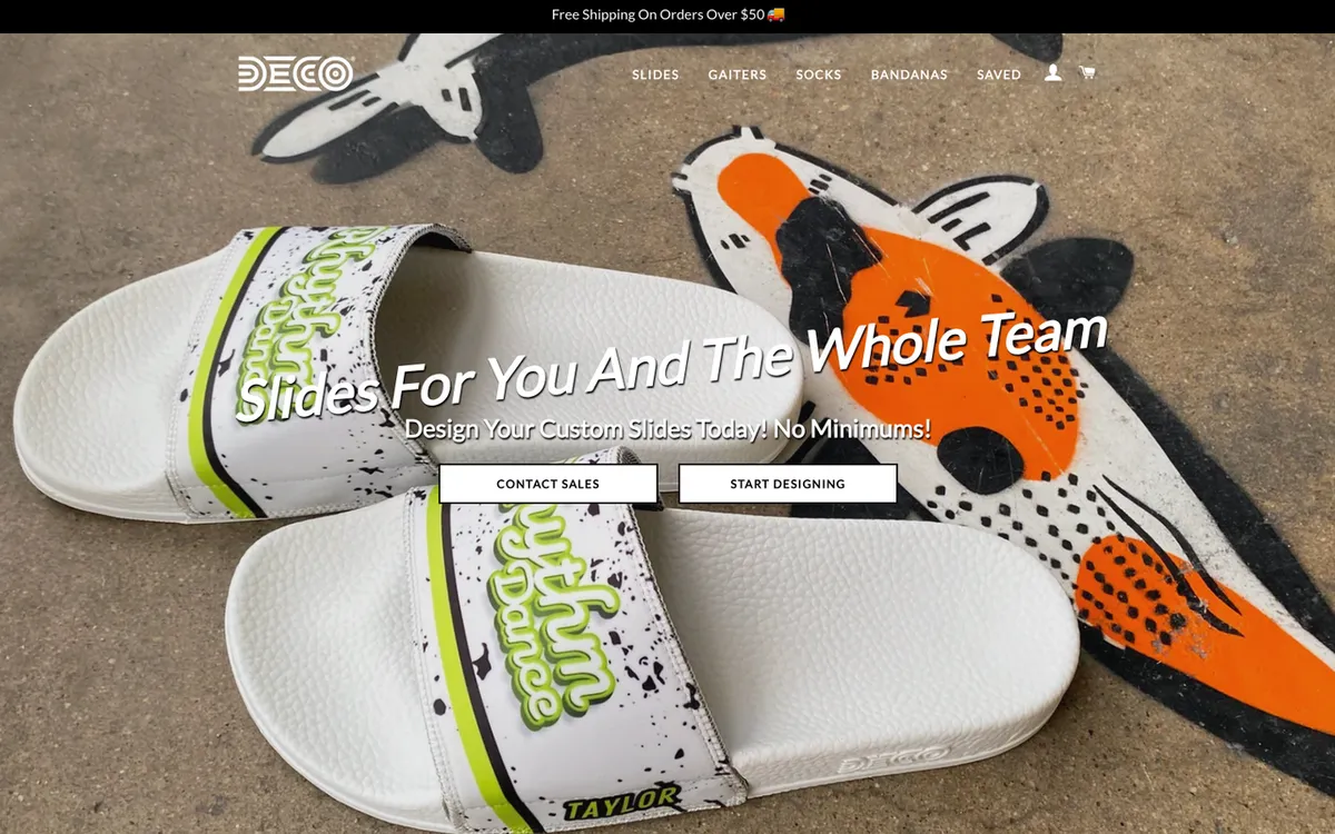Deco Slides homepage. US print-on-demand maker of custom photo and logo socks with no minimum order.